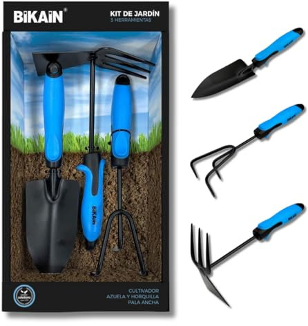 BIKAIN - Kit de Jardinería - 3 Herramientas - Incluye Pala Ancha, Lanza+Horquilla y Cultivador - Mangos Ergonómicos y Antideslizantes - Herramienta de Acero