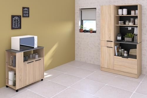 möbelando Küchenbuffet >Fumay 1< (Set mit Küchenwagen) in Eiche Nachbildung / 150-Beton Optik