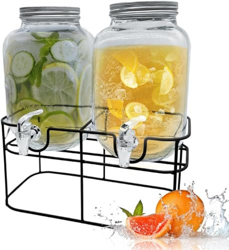 Elex 2 x 4L Glass Drinks Dispenser with Taps and Metal Stand and 24L Galvanised Steel Oval Tub Outdoor ICE Bucket Cooler | Beverage Beer Drink Pail Cocktails Parties