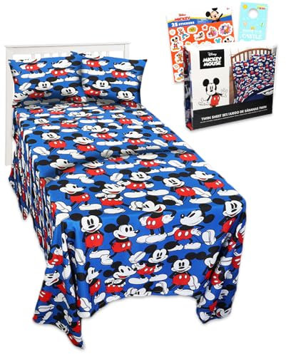 Mickey Mouse Bettwäsche-Set für Doppelbetten für Kleinkinder – Set enthält Mickey Mouse Bettlaken mit Bettlaken, Spannbetttuch und Kissenbezug für Doppelbett plus Aufkleber und mehr, Micky Maus