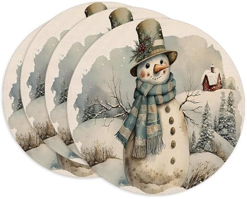 Bseical 4er Set Platzsets Weihnachten, 35cm Tischset Weihnachten Rund, Tischsets Weihnachten Abwaschbar, Leinen Weihnachts Platzsets, Weihnachtstischset FüR KüChe Party Deko (D)