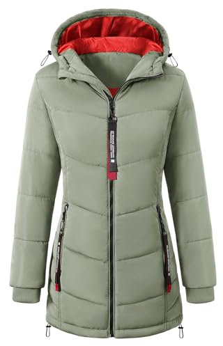 CMTOP Wintermantel Damen Warme Steppmantel Dicker Winterjacke Herbst Winter Steppjacke Parka Lang Reißverschluss Damen-mäntel Casual Winterparka mit Kapuze, Taschen(Grün, XL)