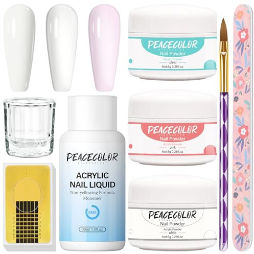 Peacecolor Kit unghie completo acrilico per unghie professionale decorazione unghie unghie kit unghie acrilico professionale bianco rosa trasparente