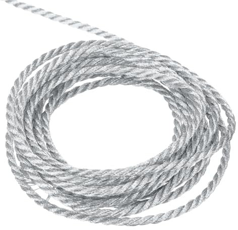 sourcing map Twisted Cord Trim, 11 Yard 2mm 3-Ply Twine Braided Rope Shiny Thread String for Craft Gift Bag Curtain Christmas Decor, Silver - 10m