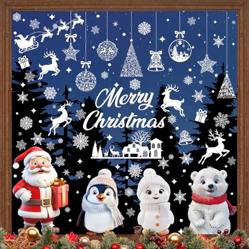 Fensterbilder Weihnachten Selbstklebend, 9 Blätter Weihnachts Fensterbilder, Weihnachtsmann Schneemann und Schneeflocke Fensterbilder für Weihnachten und Winter Fenster Dekoration