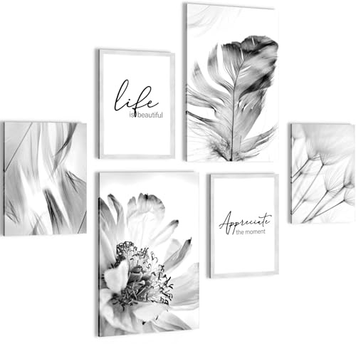 Novart Wandbilder Blumen Abstrakt - KOMPLETT AUFHÄNGFERTIG - Schwarz Weiss Wohnzimmer Schlafzimmer Flur - 6 Moderne Mood-Bilder - N033467a