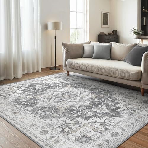 GENIMO Grau Teppich 140x200CM Vintage Wohnzimmer Teppich Kurzflor Rutschfester Schlafzimmer Teppiche waschbar Teppiche für Esszimmer Büro