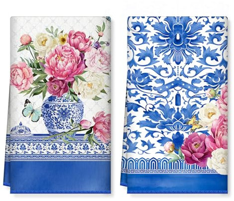 Arquiel Küchentücher 2 Stück, Geschirrtücher Weiche 100% Microfaser Blaue und weiße Porzellan Blumen Küchenhandtuch Set Super Saugstarke Dick Hochwertige Trockentuch Bar Handtücher 40 x 60CM