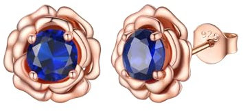 FOCALOOK Vermeil - Orecchini da donna con pietra di nascita di settembre, orecchini rosa decorati con zaffiro blu imitazione, Argento sterling Oro rosa
