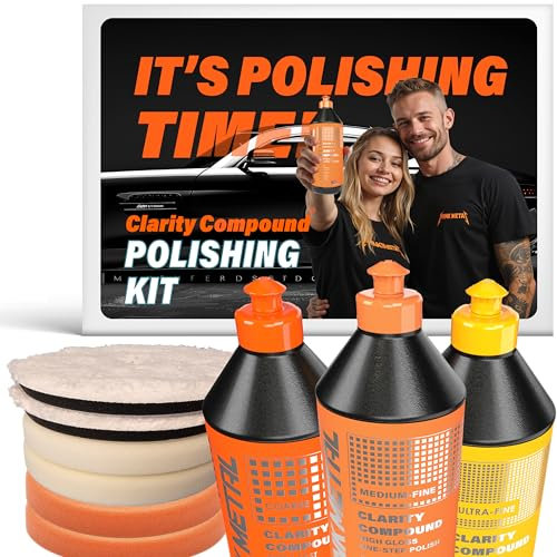MINK METAL Clarity Compound 9-Piece Auto Polishing Kit, Coarse, Medium & Fine Compounds 720g, 150mm Hook & Loop Polishing Pads (2 each of Orange, White, Microfibre).