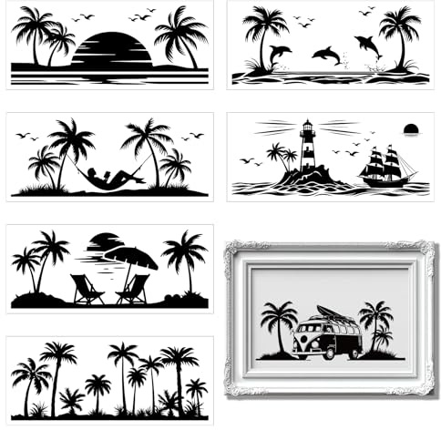 GLOBLELAND 8 Blatt Sommer Strand Silhouette Einmachglas Aufkleber 21x9 cm Kokosnussbäume Wasserdicht Transparente PVC Silhouette Kunststoff Wandaufkleber Für Wände Fenster Glas Heimwerken