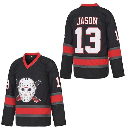 Herren Voorhees 13 Movie Eishockey Trikot Halloween Stitched, Schwarz, 3X-Groß