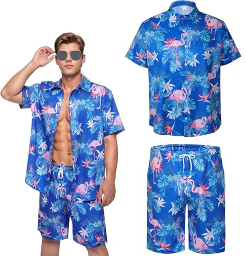 Moerstar Ensemble de Chemise Hawaienne Homme, chemisette a Fleur Manche Courte Homme avec Short, Chemise de Plage Décontractée à Motif Flamant Rose pour des Vacances Tropicales à la Plage (Bleu, L)