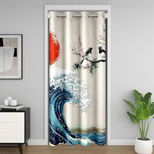 Manfei Japanische Wellen Privatsphäre Tür Vorhang 1 Panel, Sonnenuntergang Vögel Kirschblüten Tür Vorhang für Schrank Schlafzimmer Küche Privatsphäre Dekor, H203 x B86 cm