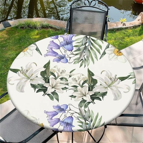 artslion Nappe Ronde d'extérieur avec Bande élastique Ø 44in-110cm Nappe de Jardin élastique avec Motif Lys Blanc Convient aux Tables de 95-105 cm