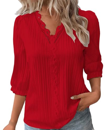 Uwdiohq Women Summer Lace V Neck Plain Elegant Shirt Fashion Solid Color Blouse 3/4 Length Sleeve Plus Size Scrub Tops Lot T-Shirt Homme 0 Chemise Cintrée Femme Chemisier Blanc Chic Vetement