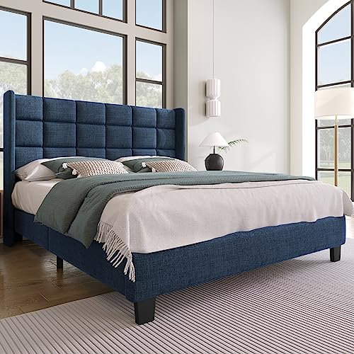 LANTRO JS Polsterbett 140x200cm, Doppelbett in Blau Leinen, Bodenbett, Bettgestell Ohne Matratze, Lattenroste aus Holz, Blau
