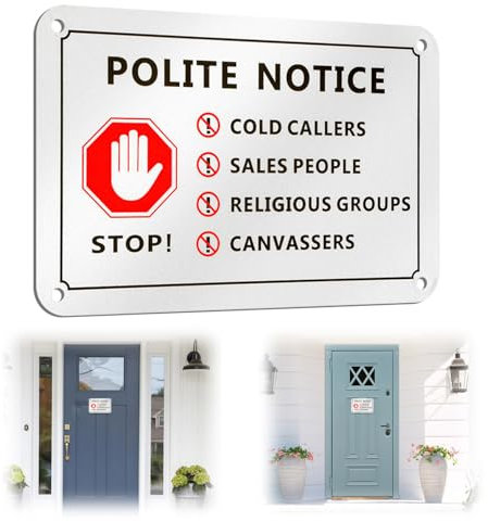 No Cold Callers Sign for Front Door, Large Size No Cold Callers Sticker, 15x10cm Brushed Aluminum, No Rust for Years of Use, No Sales People Sign, With Self Adhesive Backing and Pre-drilled Holes