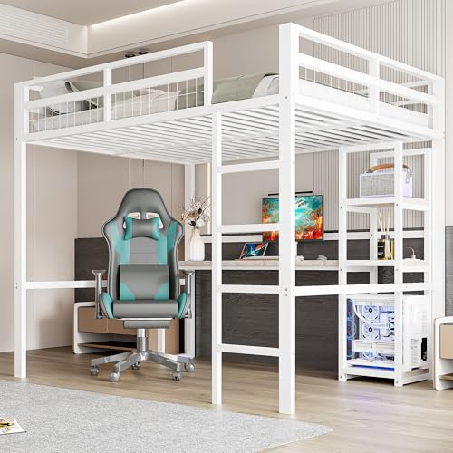 Huayz Hochbett Metall 140x200 cm,Schreibtisch mit Steckdose und Regal,Trittleiter,mit USB+Type-c Aufladen,für Kinder, Jugendliche und Erwachsene,Metallbett Etagenbett,ohne Matratze (Weiß)