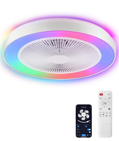 2-in-1 Dünnwandiger Deckenventilator mit Licht, 50,8 cm (20) Käfig-Sicherheitsdesign für Kinder – RGB-Farben, Smart-APP/Fernbedienung, Leiser Flachmontage-DC-Motor, Ideal für Schlafzimmer/Wohnzimmer