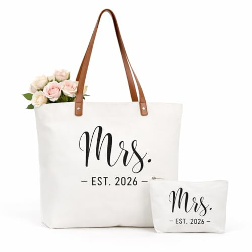 Lamyba Bride Tote Bag – Mrs EST 2026 White Tote with Zipper, Bridal Shower Gift for Bride, Wedding Day & Honeymoon Bag, Bride to Be Gift