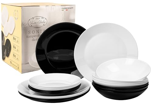 FESTA ITALIA Geschirrset 6 Personen - 18 Teilig - Tellerset aus Opalglas - Schwarz/Weiß Essgeschirr Set - Schüssel- und Tellerset - Modern Tafelservice - Teller - Essservice - Geschirr Set 6 Person