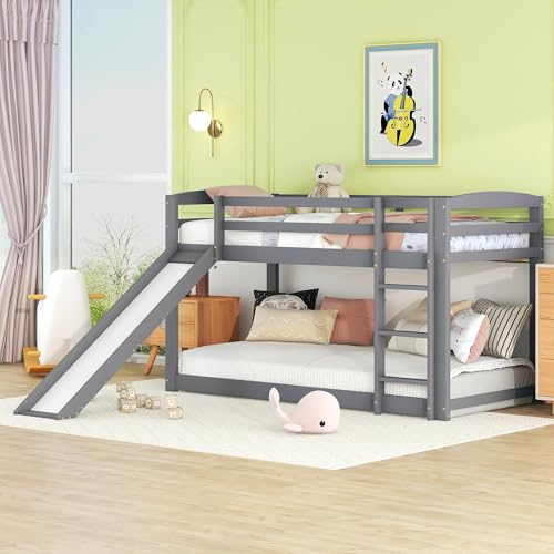 LinoraFurn Etagenbett für Kinder und Jugendliche, Kinderbett mit Rutsche, Massivholzrahmen, einfache Montage, 90X200cm (Grau)
