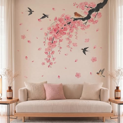 Large Cherry Blossom Wall Stickers, Ink Wash Style Pink Tree with Birds Wall Decals, Removable Waterproof PVC Wall Art for Bedroom Living Room Home Decor
