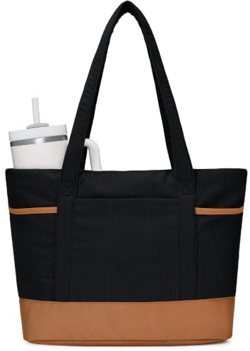 ECOHUB Corduroy Tote Bag for Women, Large Work Bag with Compartments | Handbag with Cup Holder Women Shoulder Bag for Work Travel Gym Shopping College