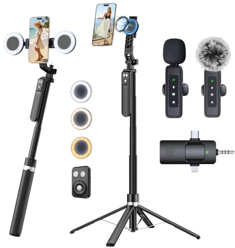 Magnetic Phone Tripod Vlogging Kit for iPhone/Android,180cm Selfie Stick | 360°Selfie Stick Tripod with Lights,Dual Phone Mount and Microphone for TikTok/Youtube/Content Creator Essentials Starter Kit