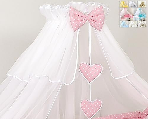 Pro Cosmo Himmel Moskitonetz 480 cm+ Halter für Babybett Baldachin Betthimmel Herzen Himmelstange - Weißes Rosa mit Tupfen