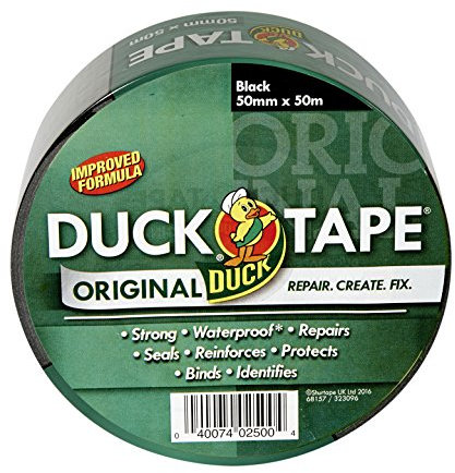 Duck Original Black Duck Tape, 50mm x 50m, Improved Formula High Strength Waterproof Gaffer and Duct Adhesive Cloth Repair Tape