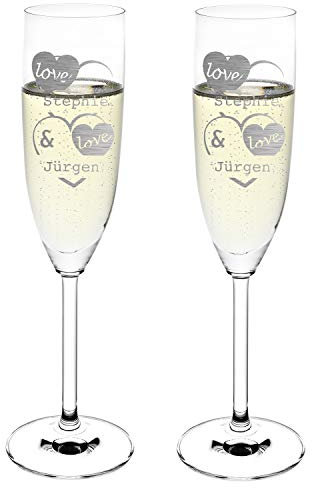 Hochzeitsgläser Hochzeitsgeschenke für Brautpaare - Leonardo 2 Sektgläser Personalisiert mit Gravur des Namens - Geschenk zur Hochzeit - Motiv Liebe mit Herzen
