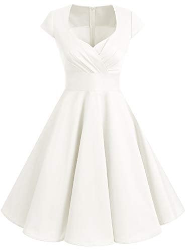 bbonlinedress Women's 50s 60s A Line Rockabilly Dress Cap Sleeve Vintage Swing Party Dress White L