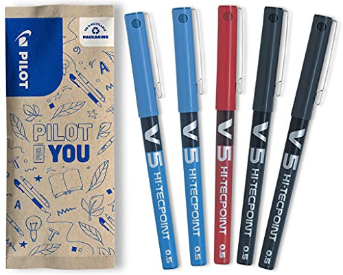 PILOT Hi-Tecpoint V5, Tintenroller, 5er Set (Blau, Schwarz, Rot)