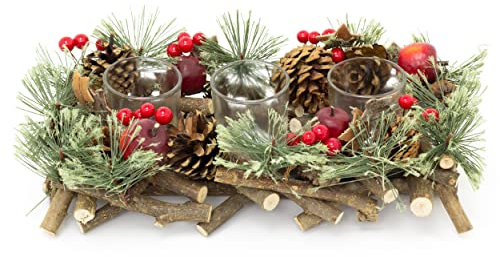 Carousel Home and Gifts Handcrafted Christmas Triple Tealight Candle Holder ~ Xmas Table Centrepiece