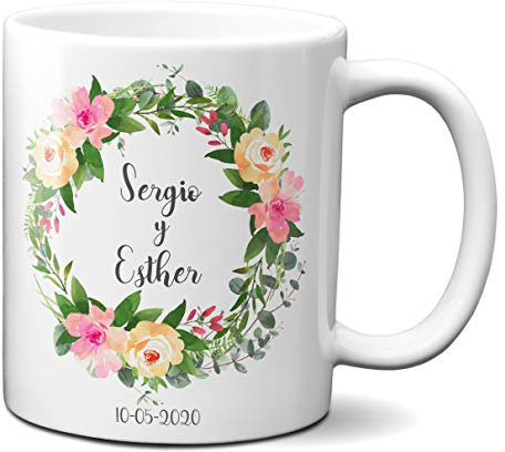 Planetacase - Taza Boda Personalizada Novios y Fecha - Regalo Invitados Enlace Matrimonial - Cerámica Porcelana 330 mL - Apta Microondas y Lavavajillas