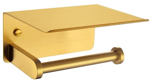 APLusee Toilettenpapierhalter mit Handy-Ablage, gebürstetes Gold, SUS 304 Edelstahl, moderner Papierrollen-Organizer, Handy-Aufbewahrung, Badezimmer-Zubehör