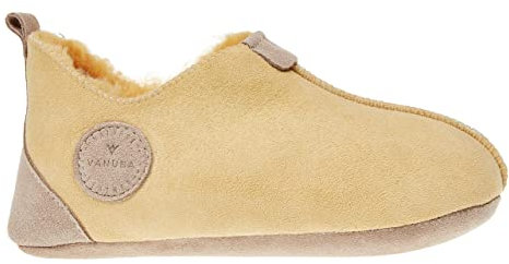 Vanuba Oxford Schaffell Lederpuschen Baby Hausschuhe Kinder Unisex Schlappen Kindergarten Schläppchen Pantoffeln Kinder – Größe: 34, Farbe: Gelb