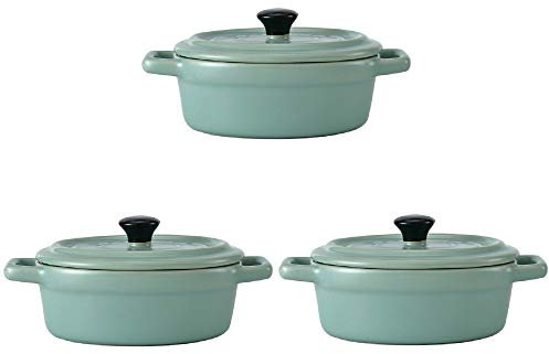 Hobby Tech Lot de 3 Mini Cocottes Ovales Bleues Turquoises Céramique Double Poignées avec Couvercle 14cm x 6,3cm Contenance Moule 150ml Ramequin Résistant Haute Température Four Petits Plats