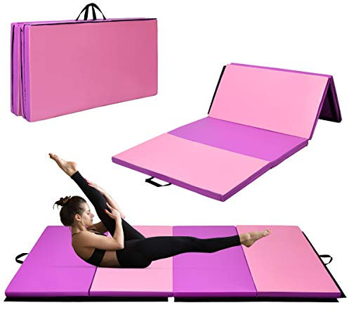 GOPLUS Tapis de Gymnastique Pliable en PU Imperméable avec 2 Poignées, Tapis d’Exercice avec Conception des Attaches pour Yoga, Dance, Fitness, 40 x 120 x 5 CM, Rose et Violet