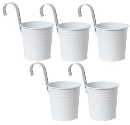 XZJMY 5 Stück Hängende Blumentöpfe Metall Eisen Eimer Übertopf Metall Eimer Blumenhalter mit Haken Indoor Outdoor Dekor für Geländer Zaun Balkon Garten (Weiß)
