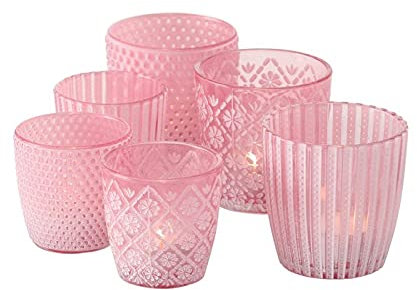 Seaside No.64 - Windlicht-Set 6 teilig aus Glas 7-9cm - Teelichthalter für Romantisches Ambiente - Kerzenständer mit 3 Designs in je 2 Größen - Retro Kristall Ornamente - (pink, Set)