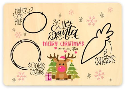Print Maniacs Christmas Eve Santa and Rudolph Reindeer Treat Personalised Any Name Xmas Plate Board Wooden Place Mat 28cm x 20cm Reindeer Pink (With Name)