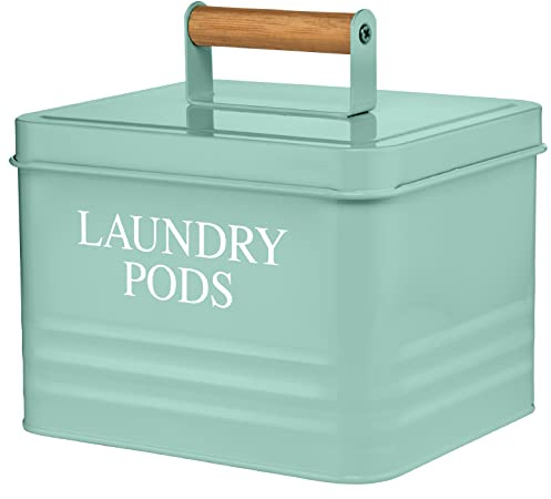 Calindiana Modern Farmhouse Mint Metal Laundry Pods Holder Container with Lid, Holds 81 Pods, 7x6x5 Inches