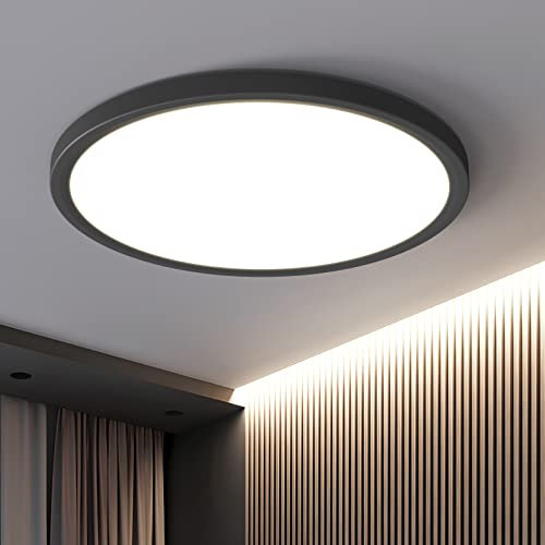 OTREN LED Deckenleuchte 48W, Rund Deckenlampe 4800LM, Moderne Flach Panel 4000K Neutralweiß für Badezimmerküche Wohnzimmer Schlafzimmer, Ø40CM, Schwarz