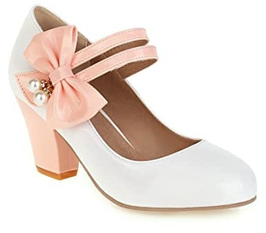 GooMaShoes Women's Vintage Bow Closed Toe Mary Jane Heels, Cute Round Toe Mary Janes Pumps, Stiletto Heel Ankle Strap Dress Party Shoes (UK Size 6, White)