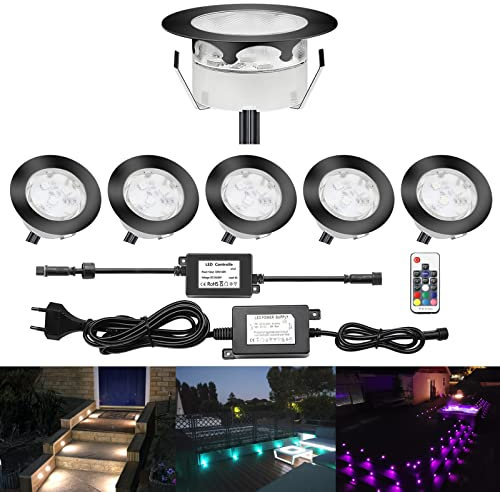CHNXU 6er Set Treppen Bodeneinbaustrahler RGBWW Ø60mm LED Terrassen Einbaustrahler Außen RGB + Warmweiß DC 12V 1W Bodeneinbaustrahler IP67 Wasserdicht Einbauspots für Garten Balkon Holzdeck, Schwarz
