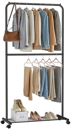 SONGMICS Kleiderständer auf Rollen – Doppelstangen-Kleiderregal, 25,4 mm Metall, dichtmaschiges Aufbewahrungsregal, 49,9 kg Tragfähigkeit, 2 Bremsen, Schwarz, UHSR027B01
