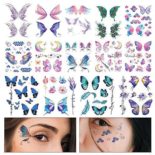 14 Blatt Schmetterlings Tattoos, Wasserfest Feenflügel Gesicht Glitzer Temporäre Tattoos Körperkunst Gesichtstatoo Aufkleber für Frauen Mädchen Festival Cosplay Augen Gesichts-Make-up
